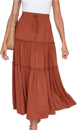 Women's Boho Elastic High Waist Skirt Dress A Line Ruffle Swing Beach Maxi Skirt Casual Drawstring Elegant Long Skirts