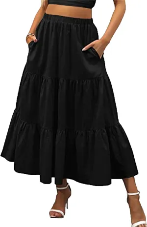 WomenS Boho Elastic Waist Maxi Skirt Dress Pleated A-Line Flowy Swing Tiered Long Beach Skirt Dress with Pockets