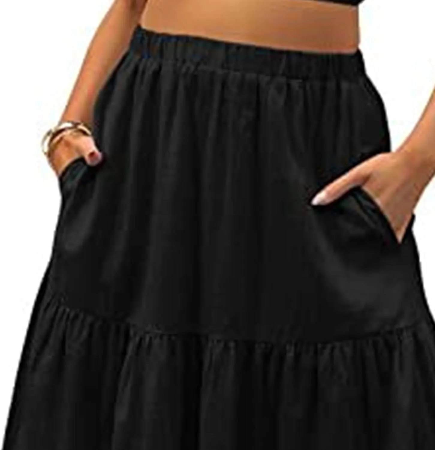 WomenS Boho Elastic Waist Maxi Skirt Dress Pleated A-Line Flowy Swing Tiered Long Beach Skirt Dress with Pockets