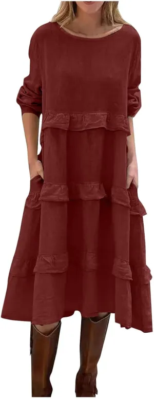 Women's Boho Summer Crew Neck Linen Midi Shirt Dress Casual Long Sleeve Tiered Ruffle Swing Beach Dresses with Pockets
