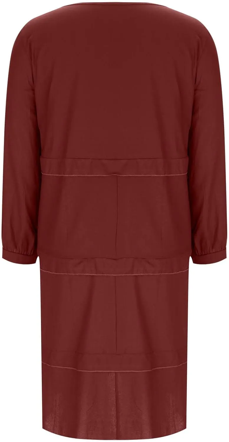 Women's Boho Summer Crew Neck Linen Midi Shirt Dress Casual Long Sleeve Tiered Ruffle Swing Beach Dresses with Pockets