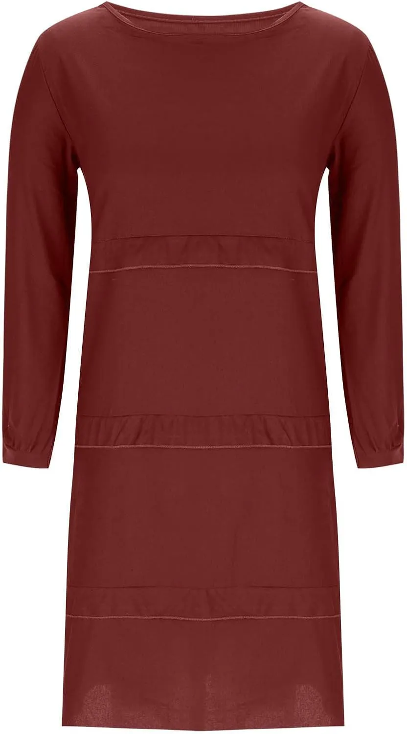 Women's Boho Summer Crew Neck Linen Midi Shirt Dress Casual Long Sleeve Tiered Ruffle Swing Beach Dresses with Pockets