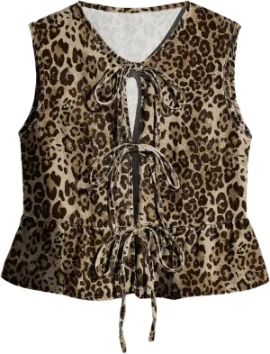 Women's Bow Tie Front Denim Vest Jacket Ruffle Hem Jean Vest Sleeveless Peplum Tank Tops Streetwear