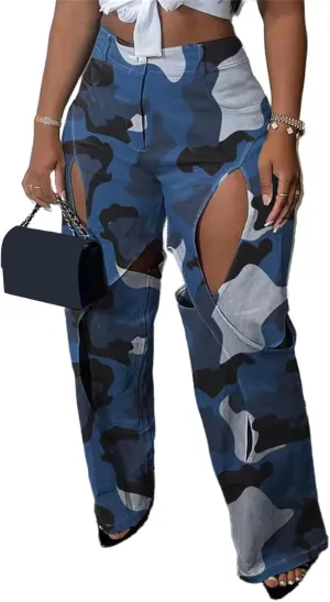 Women's Camo Cargo Pants High Waist Y2K Baggy Cut Out Straight Leg Casual Trousers Streetwear