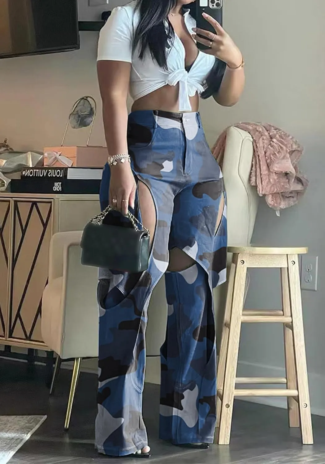 Women's Camo Cargo Pants High Waist Y2K Baggy Cut Out Straight Leg Casual Trousers Streetwear