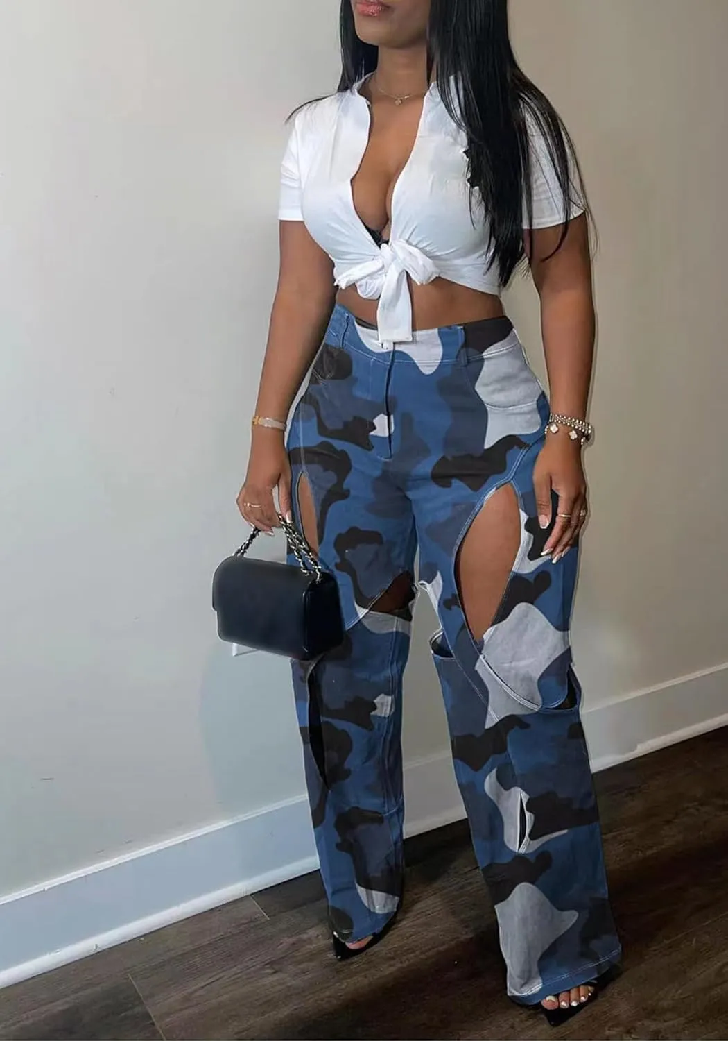 Women's Camo Cargo Pants High Waist Y2K Baggy Cut Out Straight Leg Casual Trousers Streetwear
