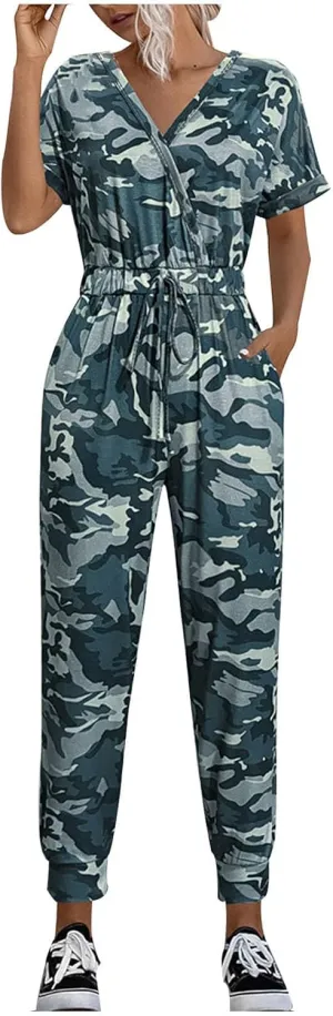 Women's Camouflage Jumpsuit Casual Elastic High Waist Jumpsuits Bottom Pants V Neck Romper Trousers with Pockets