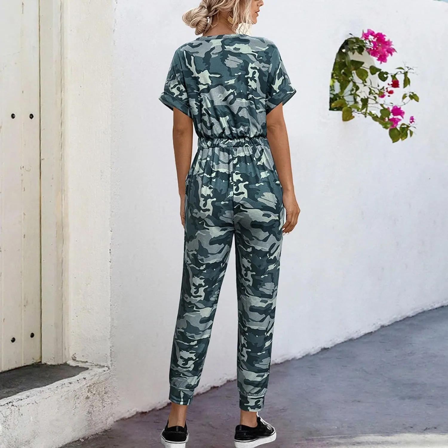 Women's Camouflage Jumpsuit Casual Elastic High Waist Jumpsuits Bottom Pants V Neck Romper Trousers with Pockets
