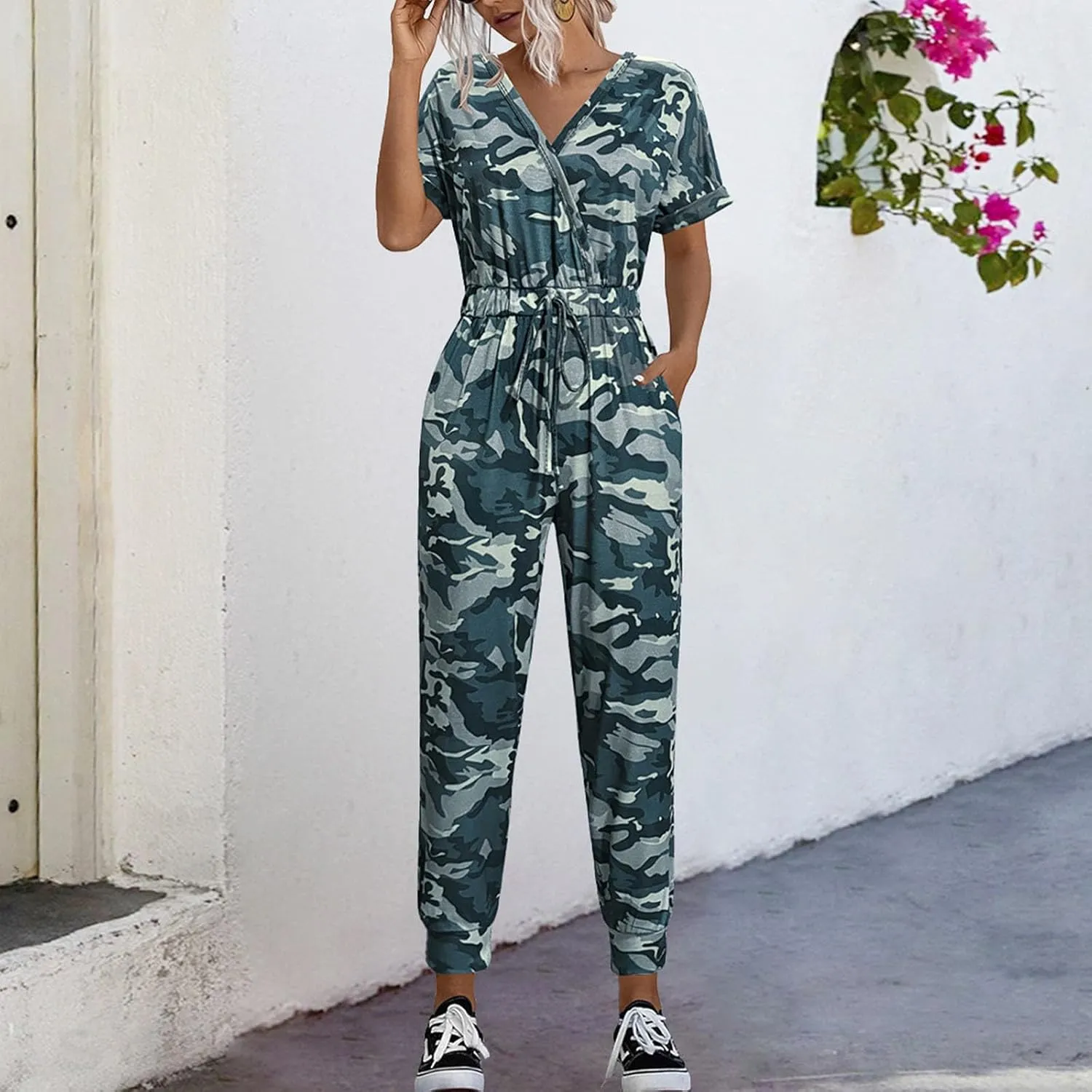 Women's Camouflage Jumpsuit Casual Elastic High Waist Jumpsuits Bottom Pants V Neck Romper Trousers with Pockets