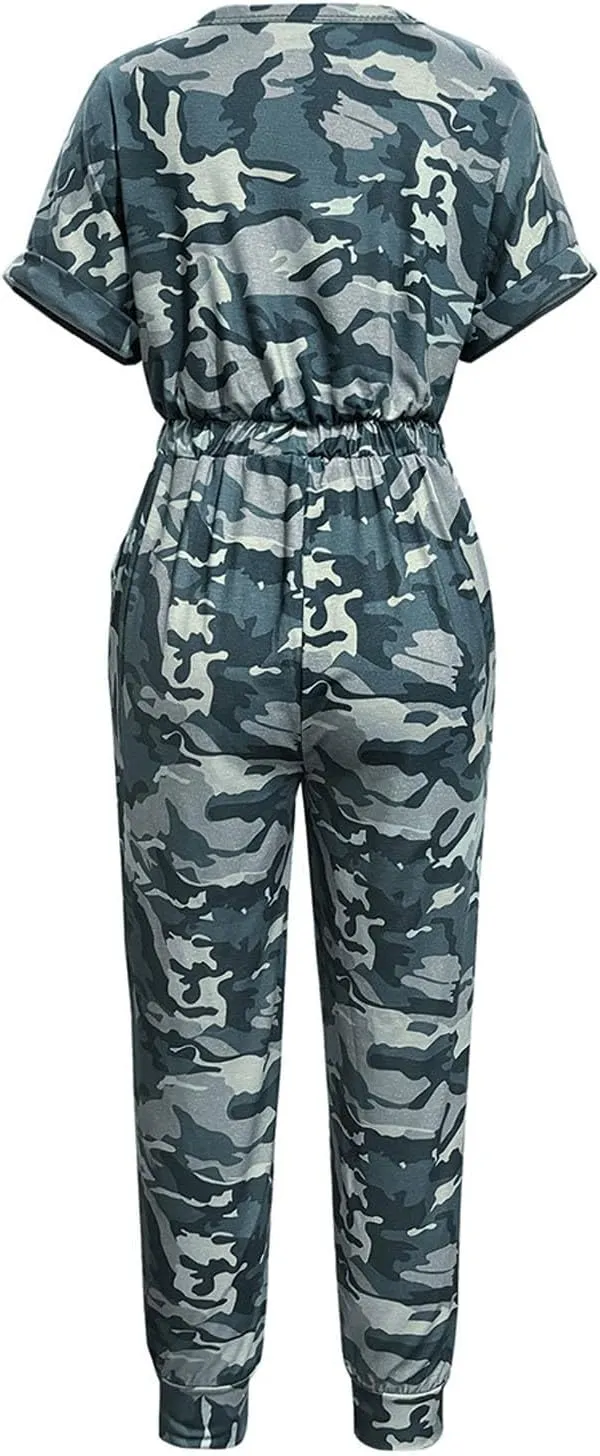 Women's Camouflage Jumpsuit Casual Elastic High Waist Jumpsuits Bottom Pants V Neck Romper Trousers with Pockets