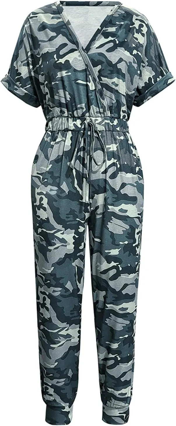 Women's Camouflage Jumpsuit Casual Elastic High Waist Jumpsuits Bottom Pants V Neck Romper Trousers with Pockets