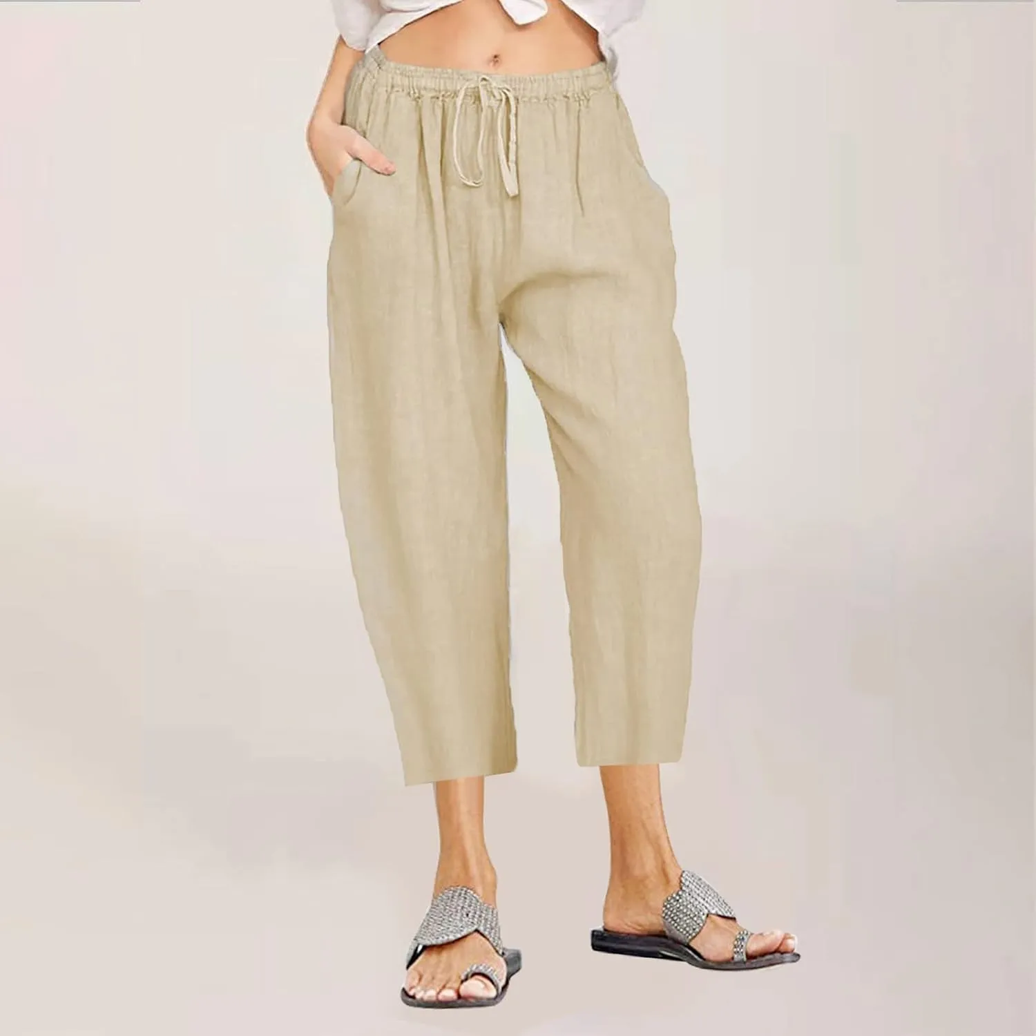 Womens Capri Pants Summer Casual Comfy Baggy Palazzo Pants with Pockets Trendy Loose Trouser with Pockets Plus Size