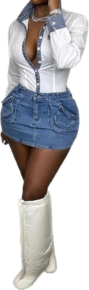 Womens Cargo Denim Skirt Y2k Cute Stretchy High Waisted Mini Jean Skirts with Pockets Streetwear