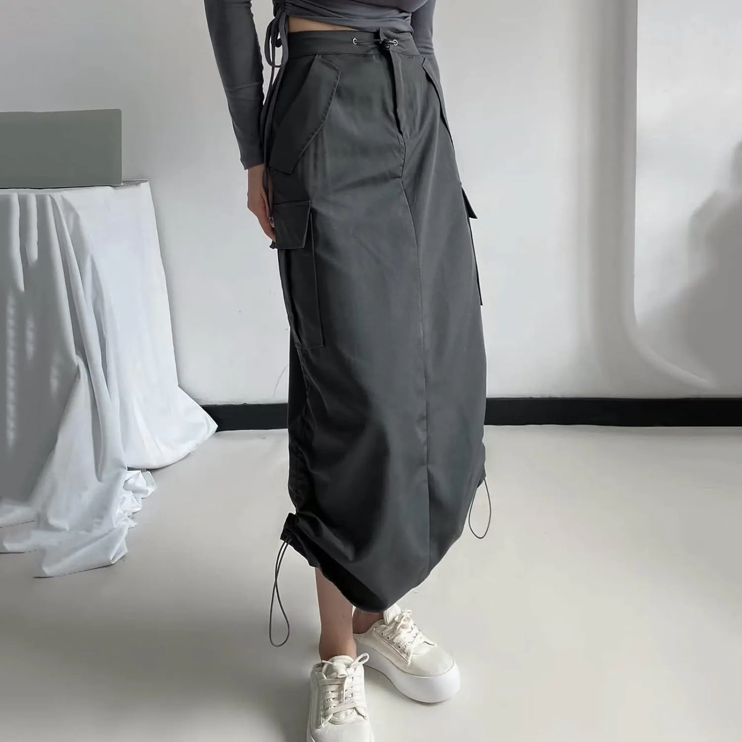 Womens Cargo Skirts Loose Maxi Skirts for Women Drawstring Adjustable Casual A-Line Midi Long Skirts Tennis Skirt