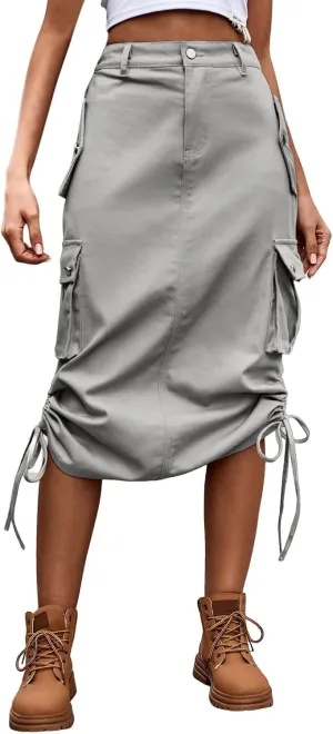 Womens Cargo Skirts Skirts for Women Plus Size Maxi Skirt Drawstring Ruched Streetwear with Pockets Tennis Skirt