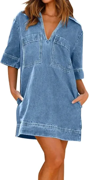 Women's Casual Denim Dresses 2024 V Neck Plus Size Midi Dress Spring Summer Half Sleeve Knee Length Trendy Dress with Pockets
