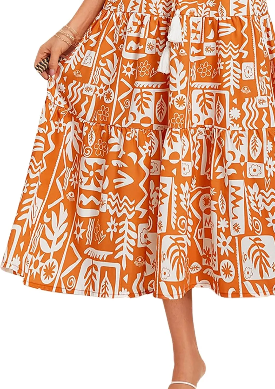 Womens Casual Dresses Boho Floral V Neck Ruffle Short Sleeve Maxi Dress Smocked Dress Beach Vacation Sundress