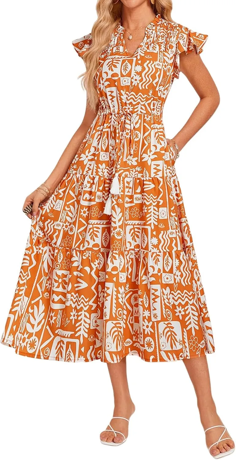 Womens Casual Dresses Boho Floral V Neck Ruffle Short Sleeve Maxi Dress Smocked Dress Beach Vacation Sundress