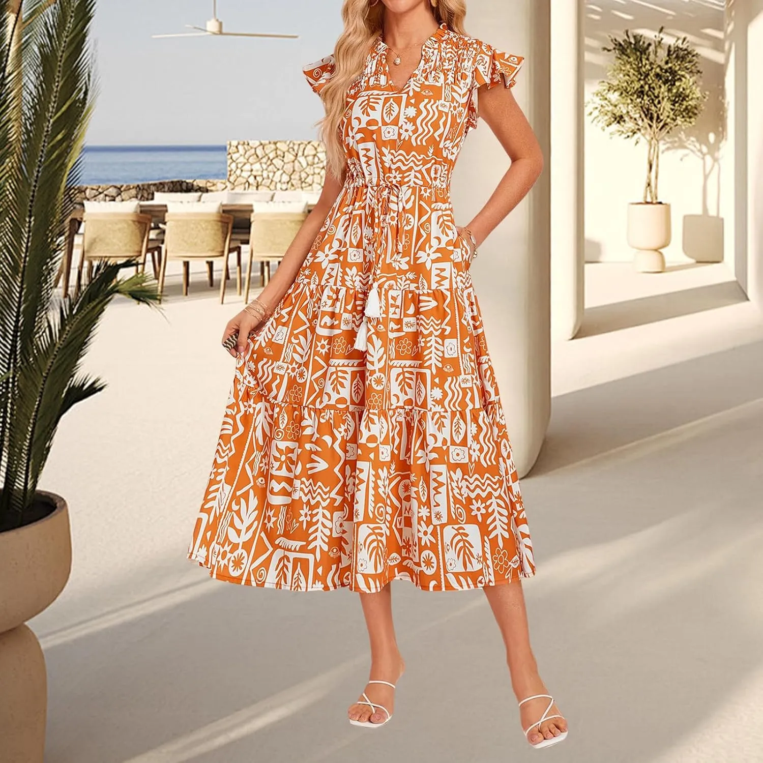 Womens Casual Dresses Boho Floral V Neck Ruffle Short Sleeve Maxi Dress Smocked Dress Beach Vacation Sundress