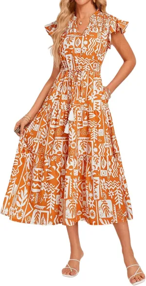 Womens Casual Dresses Boho Floral V Neck Ruffle Short Sleeve Maxi Dress Smocked Dress Beach Vacation Sundress