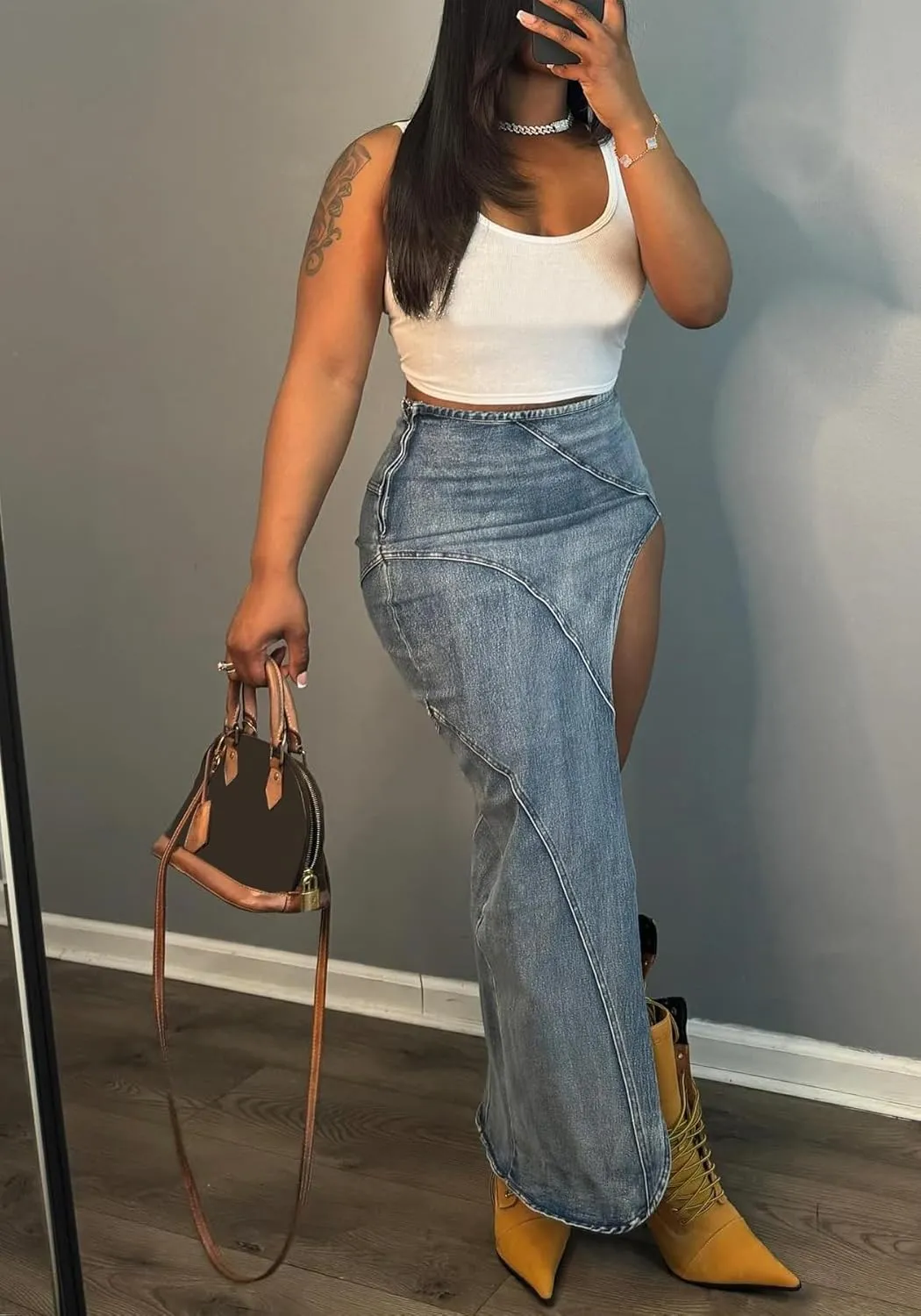 Women's Casual High Waist Denim Skirt Long Split Asymmetric Zipper up Maxi Skirts Stretch Jean Skirt
