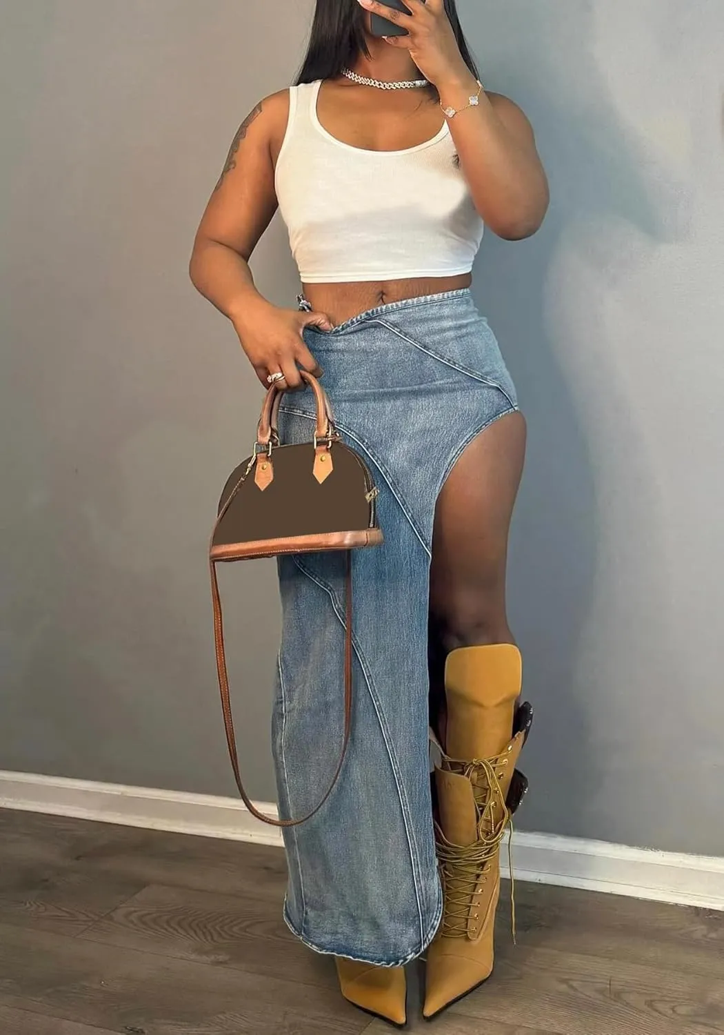 Women's Casual High Waist Denim Skirt Long Split Asymmetric Zipper up Maxi Skirts Stretch Jean Skirt