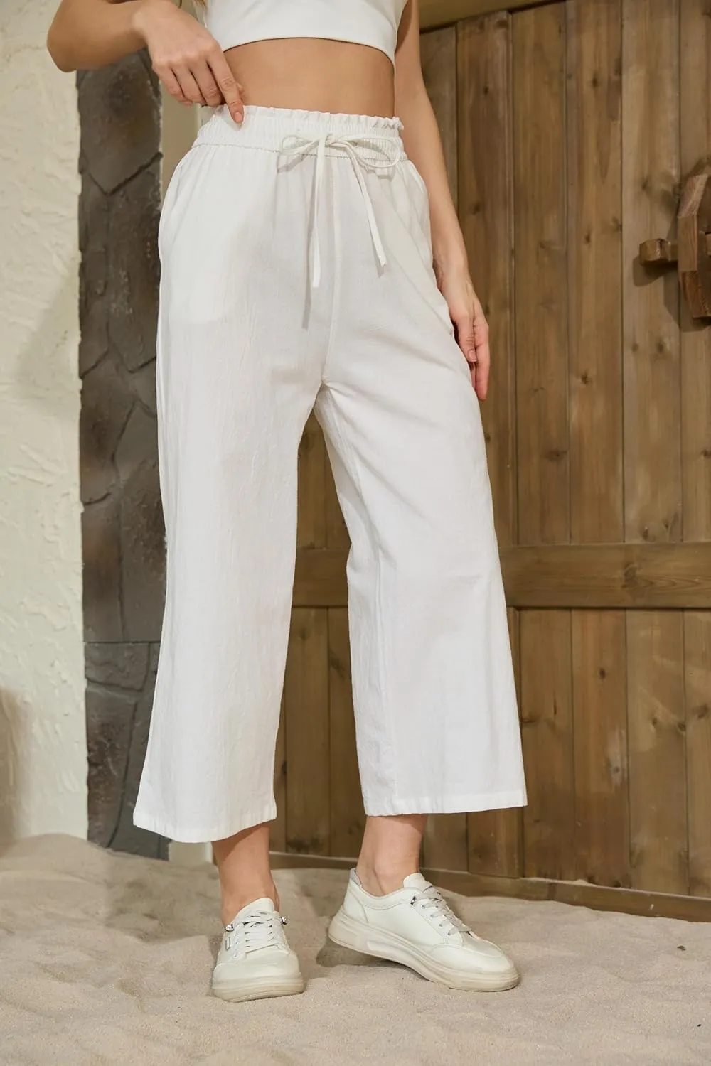 Womens Casual Linen Pants Wide Leg High Elastic Waisted Drawstring Summer Pants with Pockets
