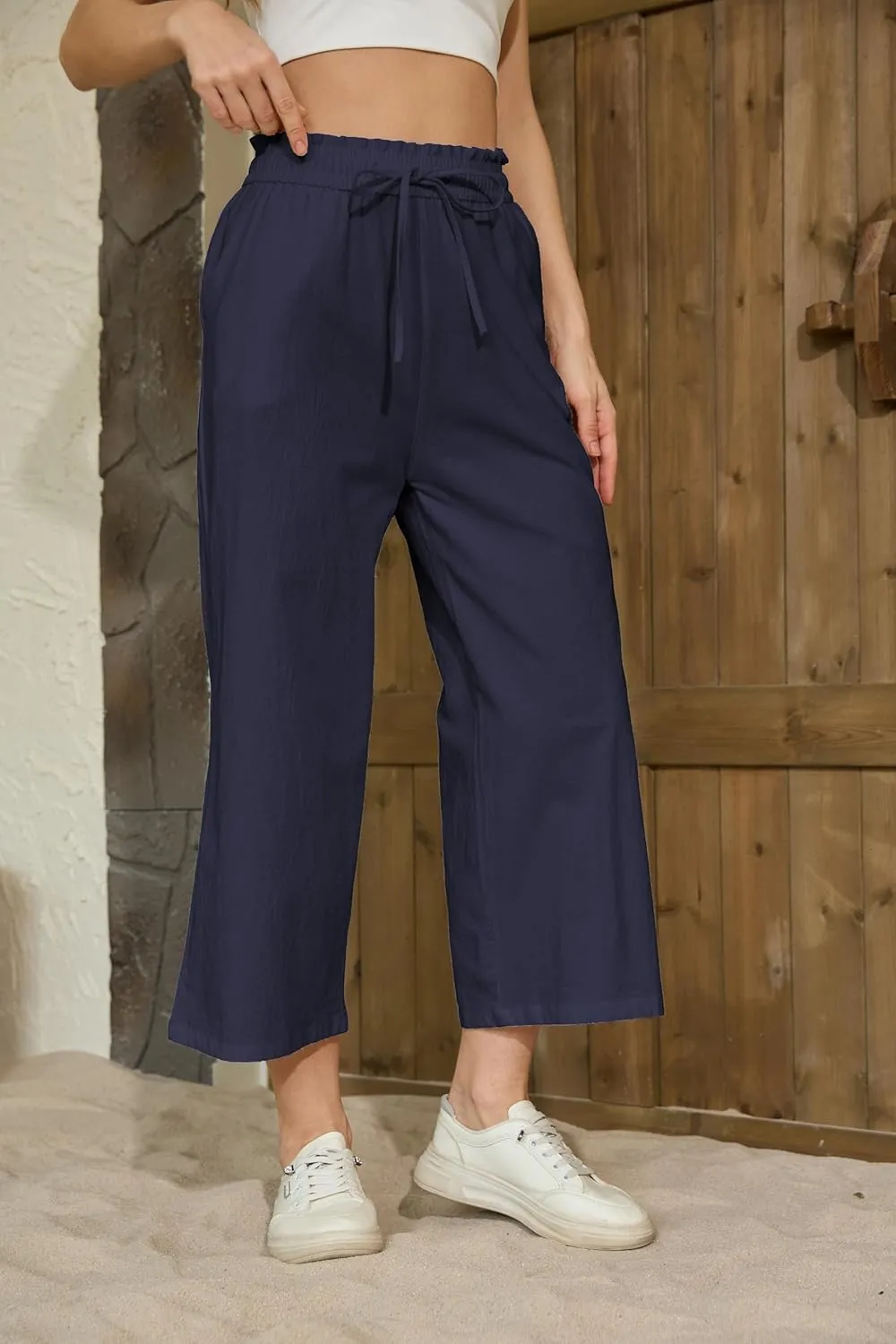 Womens Casual Linen Pants Wide Leg High Elastic Waisted Drawstring Summer Pants with Pockets