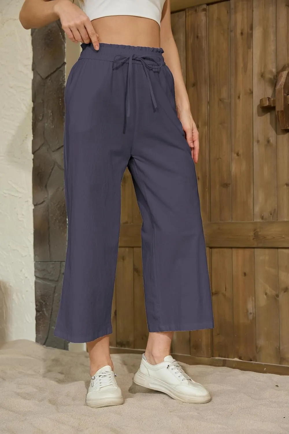 Womens Casual Linen Pants Wide Leg High Elastic Waisted Drawstring Summer Pants with Pockets