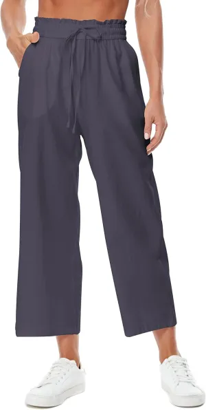 Womens Casual Linen Pants Wide Leg High Elastic Waisted Drawstring Summer Pants with Pockets