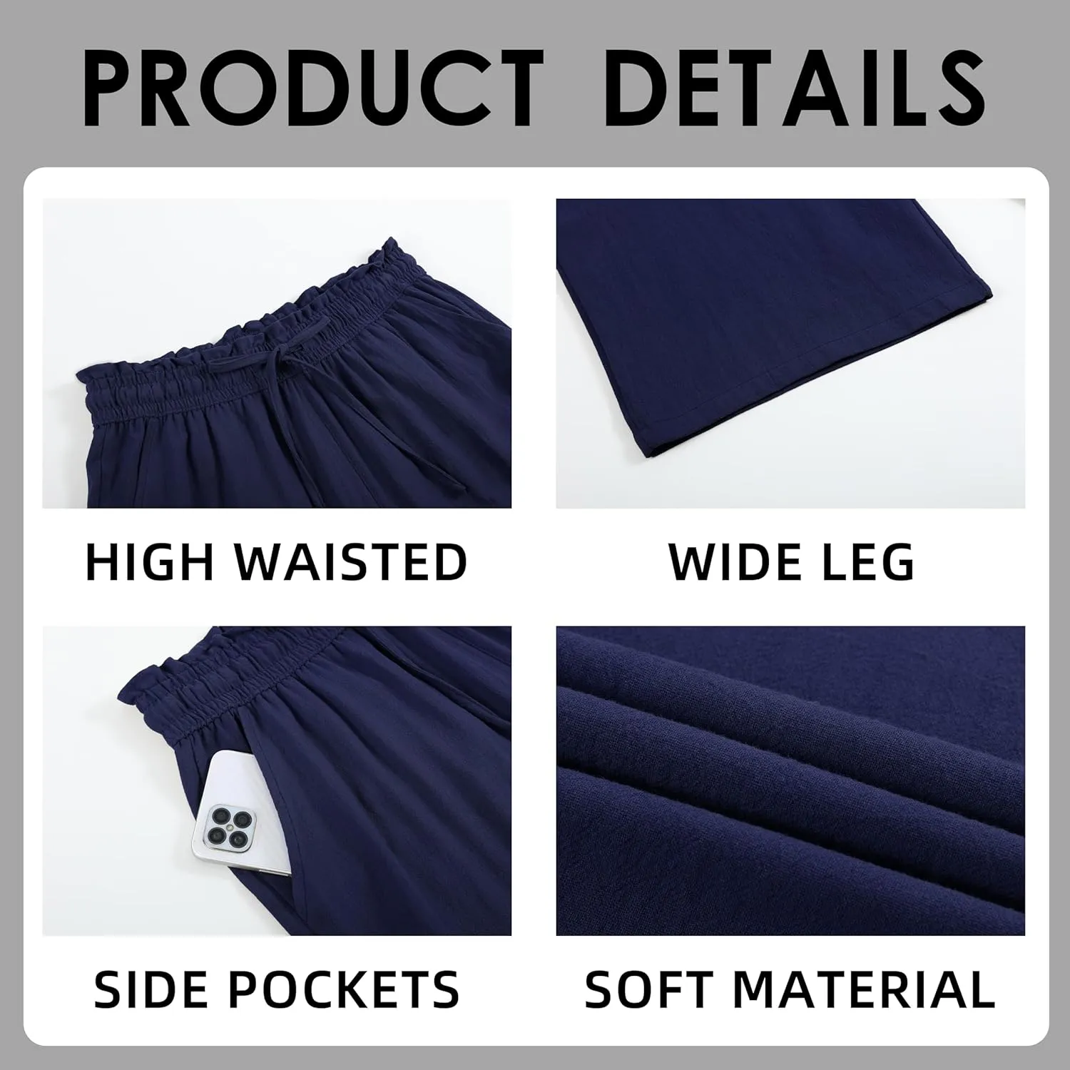 Womens Casual Linen Pants Wide Leg High Elastic Waisted Drawstring Summer Pants with Pockets
