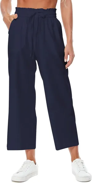 Womens Casual Linen Pants Wide Leg High Elastic Waisted Drawstring Summer Pants with Pockets