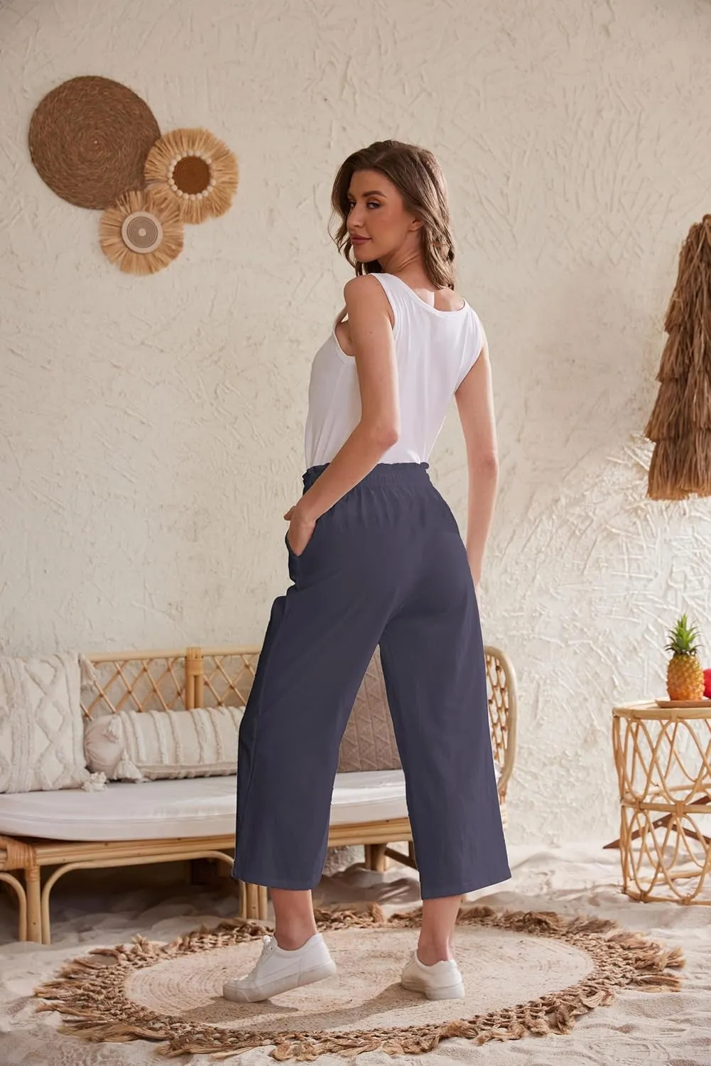 Womens Casual Linen Pants Wide Leg High Elastic Waisted Drawstring Summer Pants with Pockets