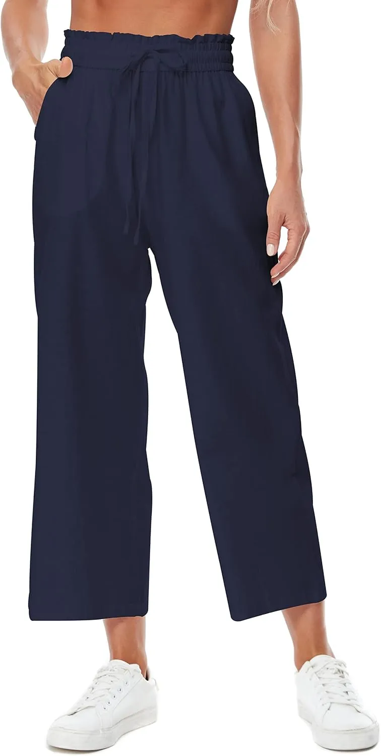Womens Casual Linen Pants Wide Leg High Elastic Waisted Drawstring Summer Pants with Pockets