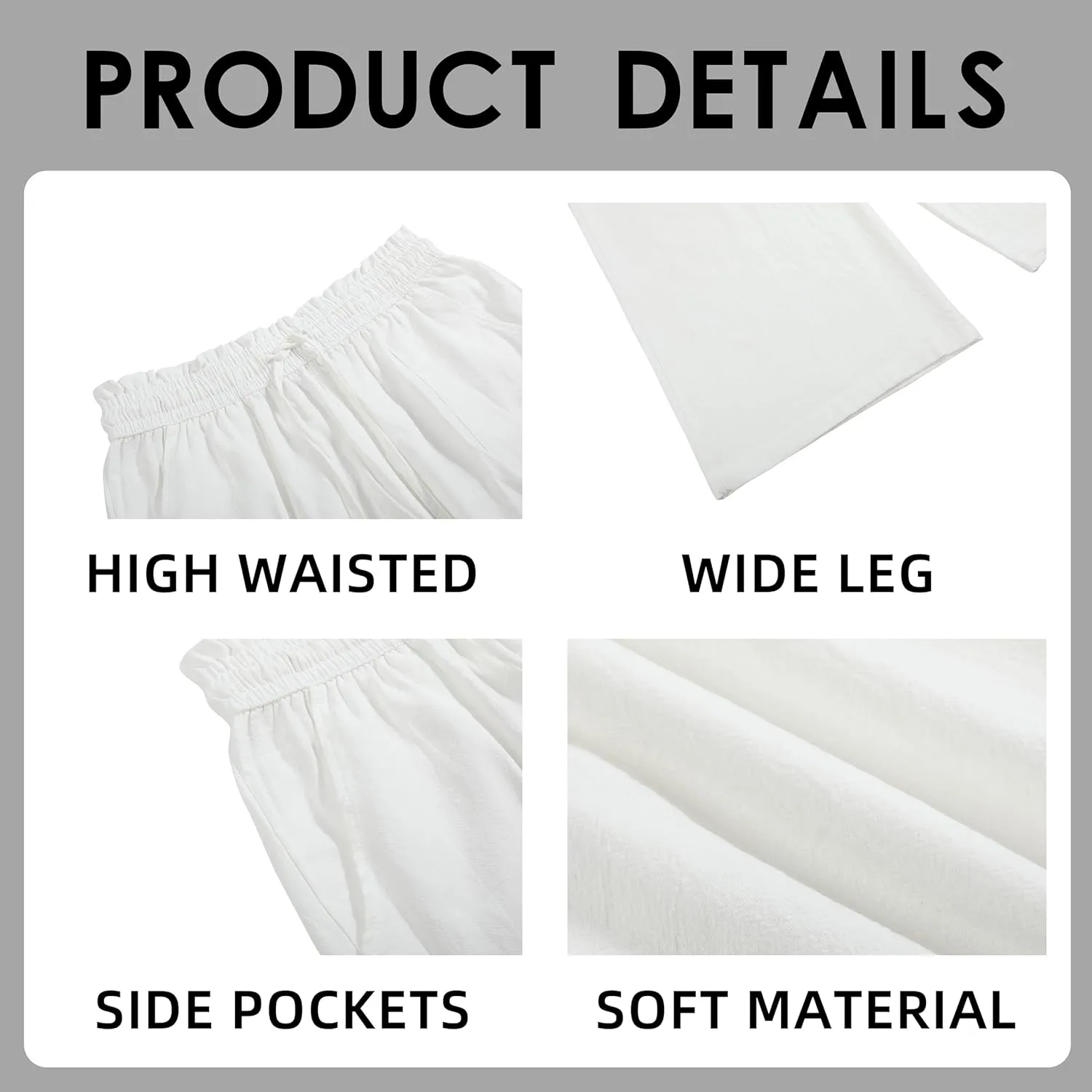 Womens Casual Linen Pants Wide Leg High Elastic Waisted Drawstring Summer Pants with Pockets