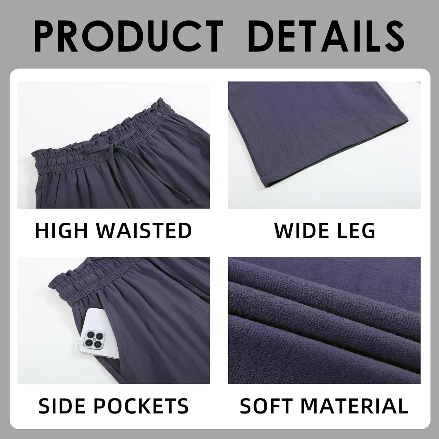 Womens Casual Linen Pants Wide Leg High Elastic Waisted Drawstring Summer Pants with Pockets