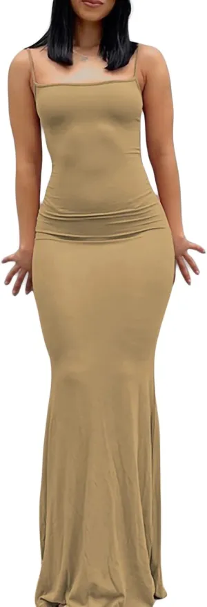 Women's Casual Solid Color Long Dress Sexy Sleeveless Bodycon Maxi Dresses Summer Elegant Party Club Streetwear