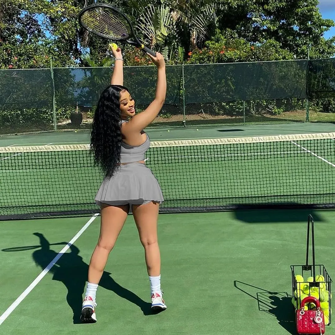 Womens Casual Sports 2 Piece Outfits Skirt Sets Athletic Tank Crop Top Mini Pleated Tennis Golf Skorts Skirts Activewear