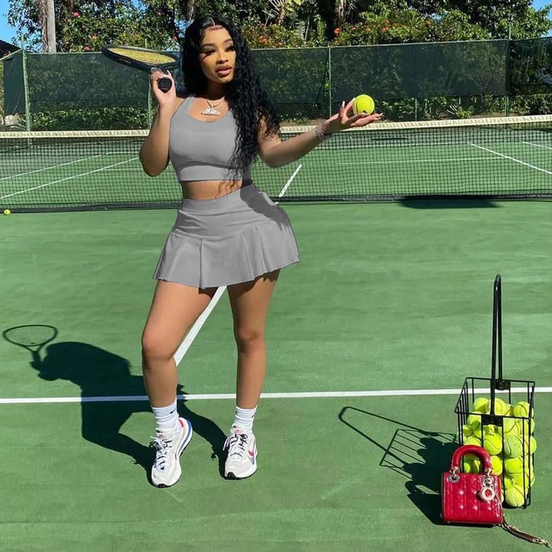 Womens Casual Sports 2 Piece Outfits Skirt Sets Athletic Tank Crop Top Mini Pleated Tennis Golf Skorts Skirts Activewear