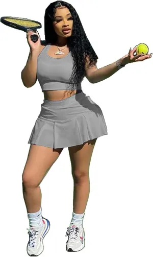Womens Casual Sports 2 Piece Outfits Skirt Sets Athletic Tank Crop Top Mini Pleated Tennis Golf Skorts Skirts Activewear