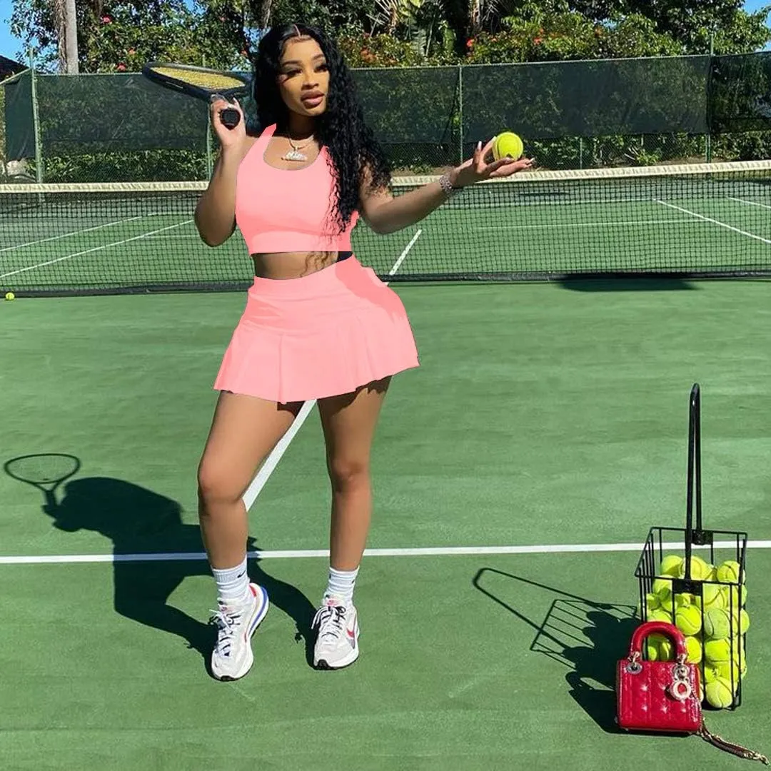 Womens Casual Sports 2 Piece Outfits Skirt Sets Athletic Tank Crop Top Mini Pleated Tennis Golf Skorts Skirts Activewear