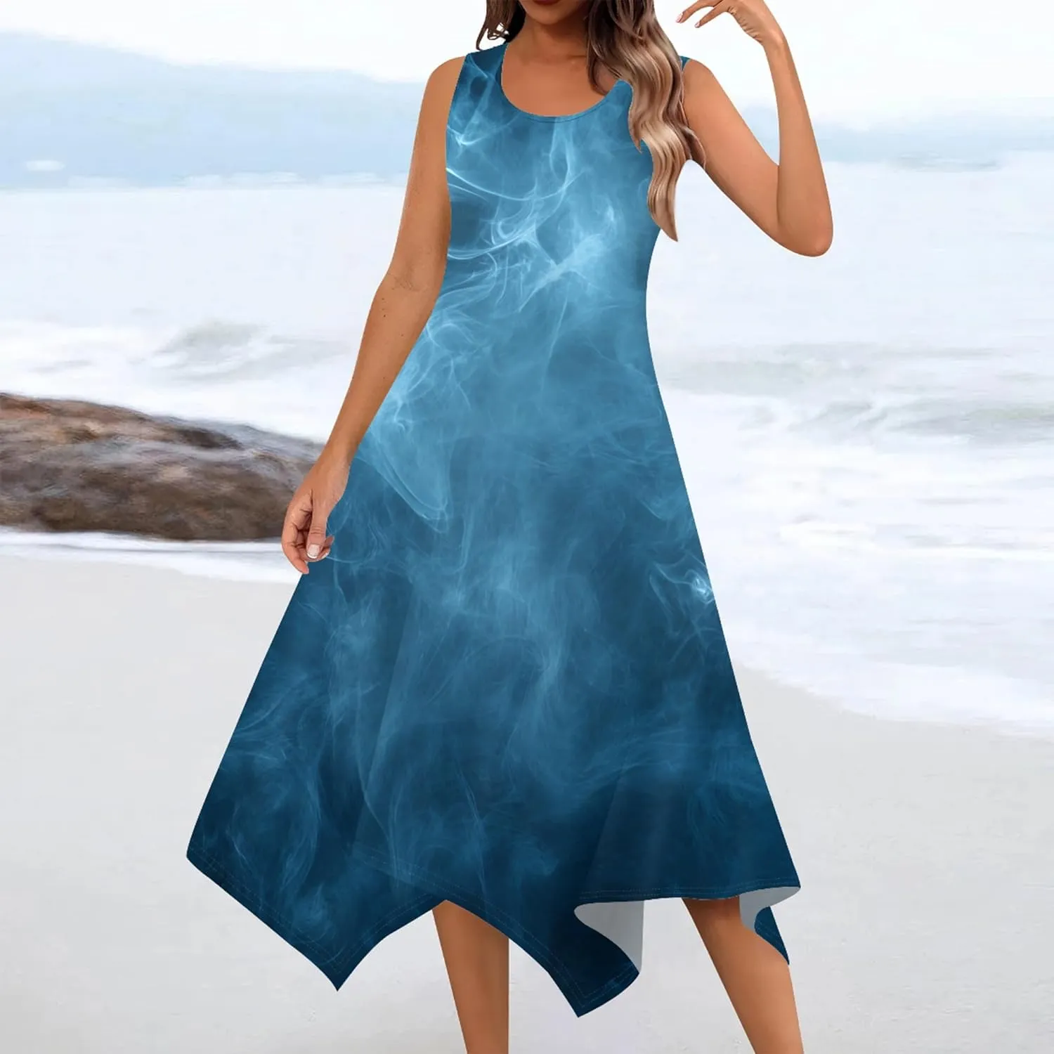 Women's Casual Summer Floral Print Midi Dress Sleeveless Swing Tank Sundress Pleated Tshirt Beach Cover Ups Dresses