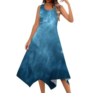 Women's Casual Summer Floral Print Midi Dress Sleeveless Swing Tank Sundress Pleated Tshirt Beach Cover Ups Dresses