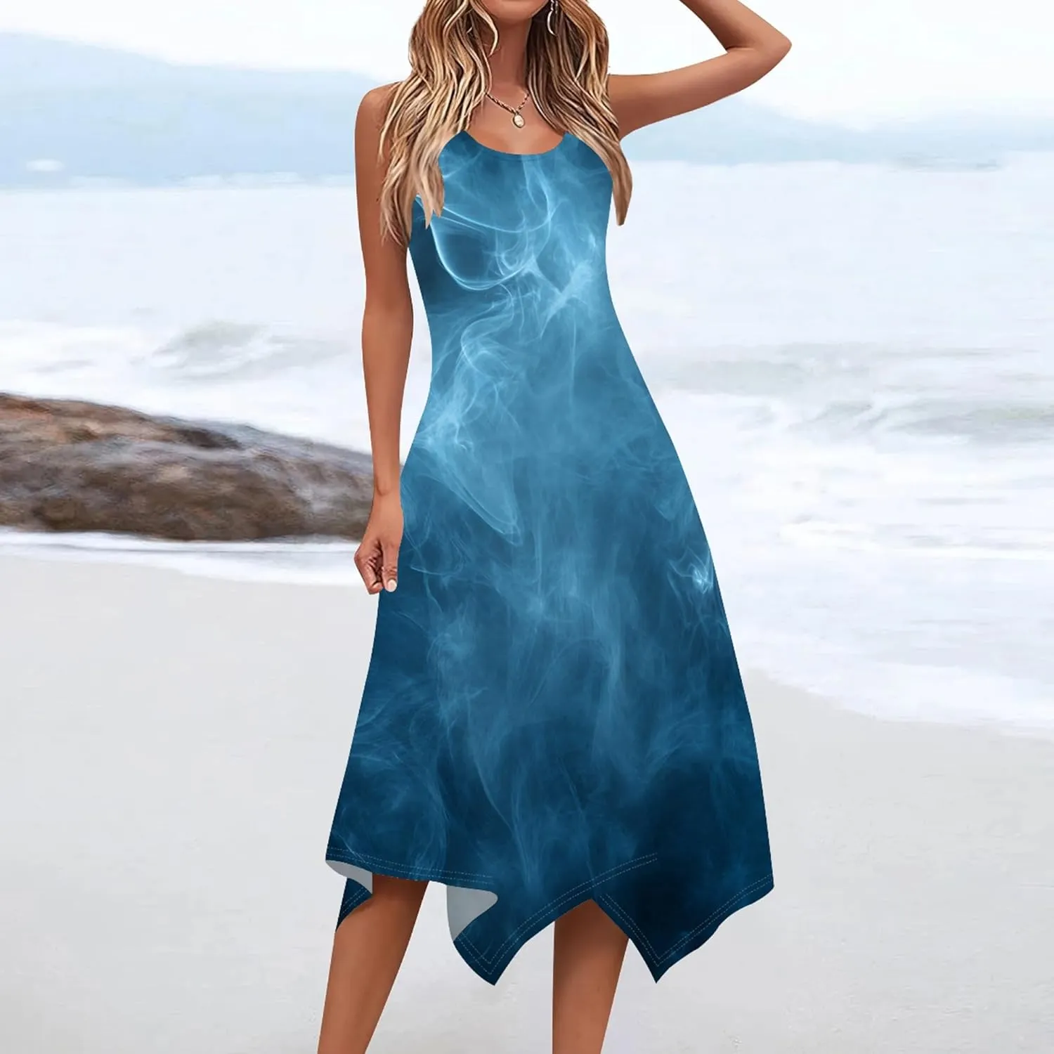 Women's Casual Summer Floral Print Midi Dress Sleeveless Swing Tank Sundress Pleated Tshirt Beach Cover Ups Dresses