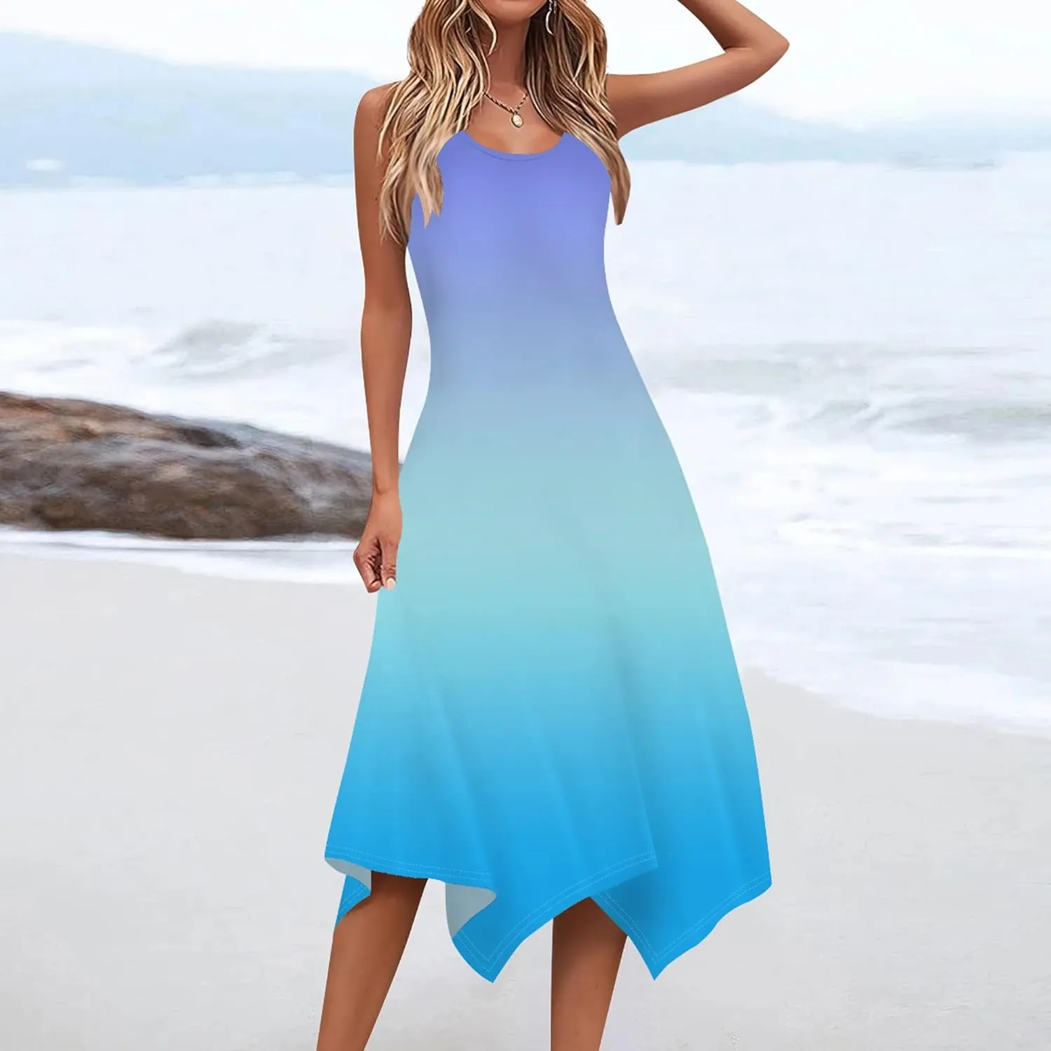 Women's Casual Summer Solid Color Midi Dress Sleeveless Swing Tank Sundress Pleated Tshirt Beach Cover Ups Dresses