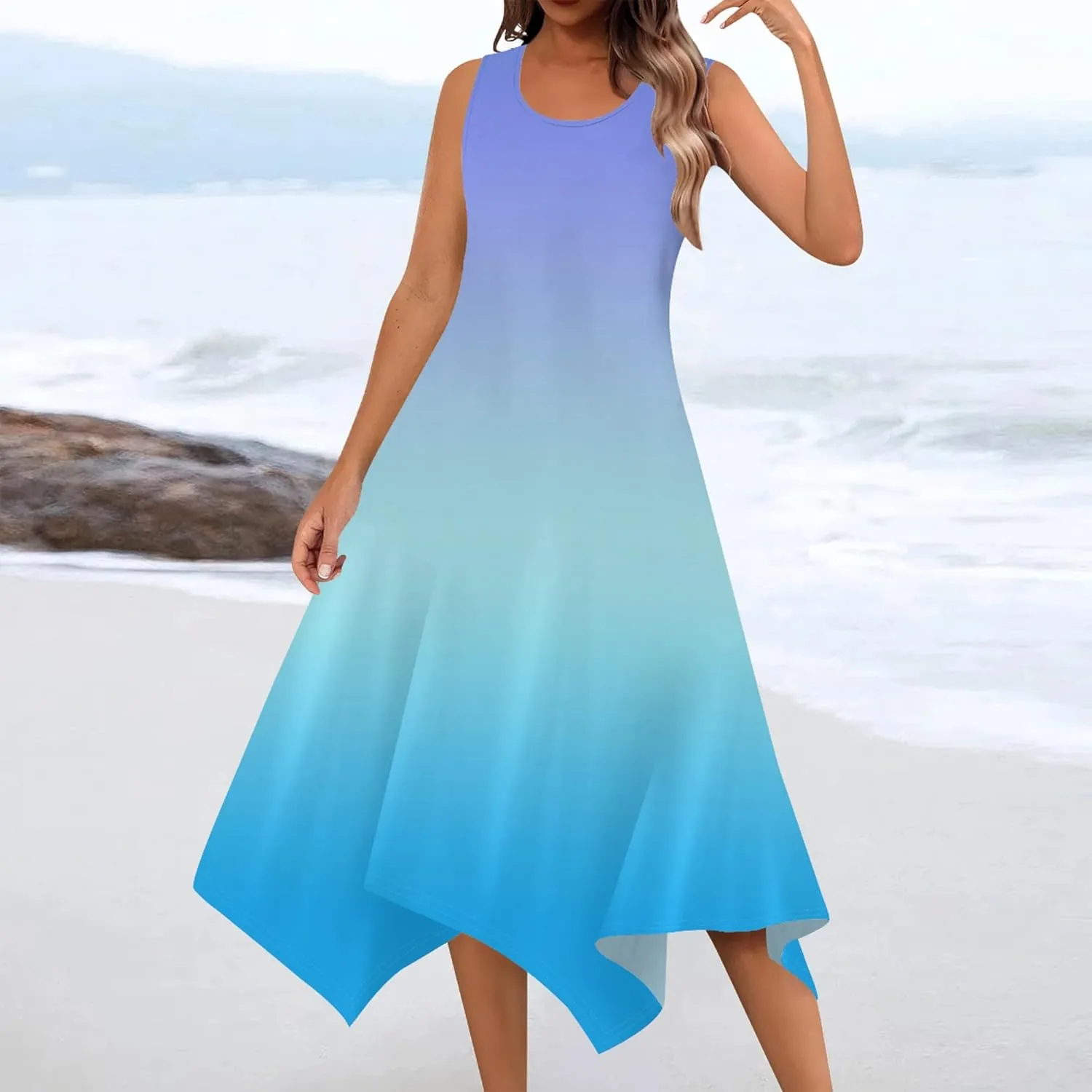 Women's Casual Summer Solid Color Midi Dress Sleeveless Swing Tank Sundress Pleated Tshirt Beach Cover Ups Dresses