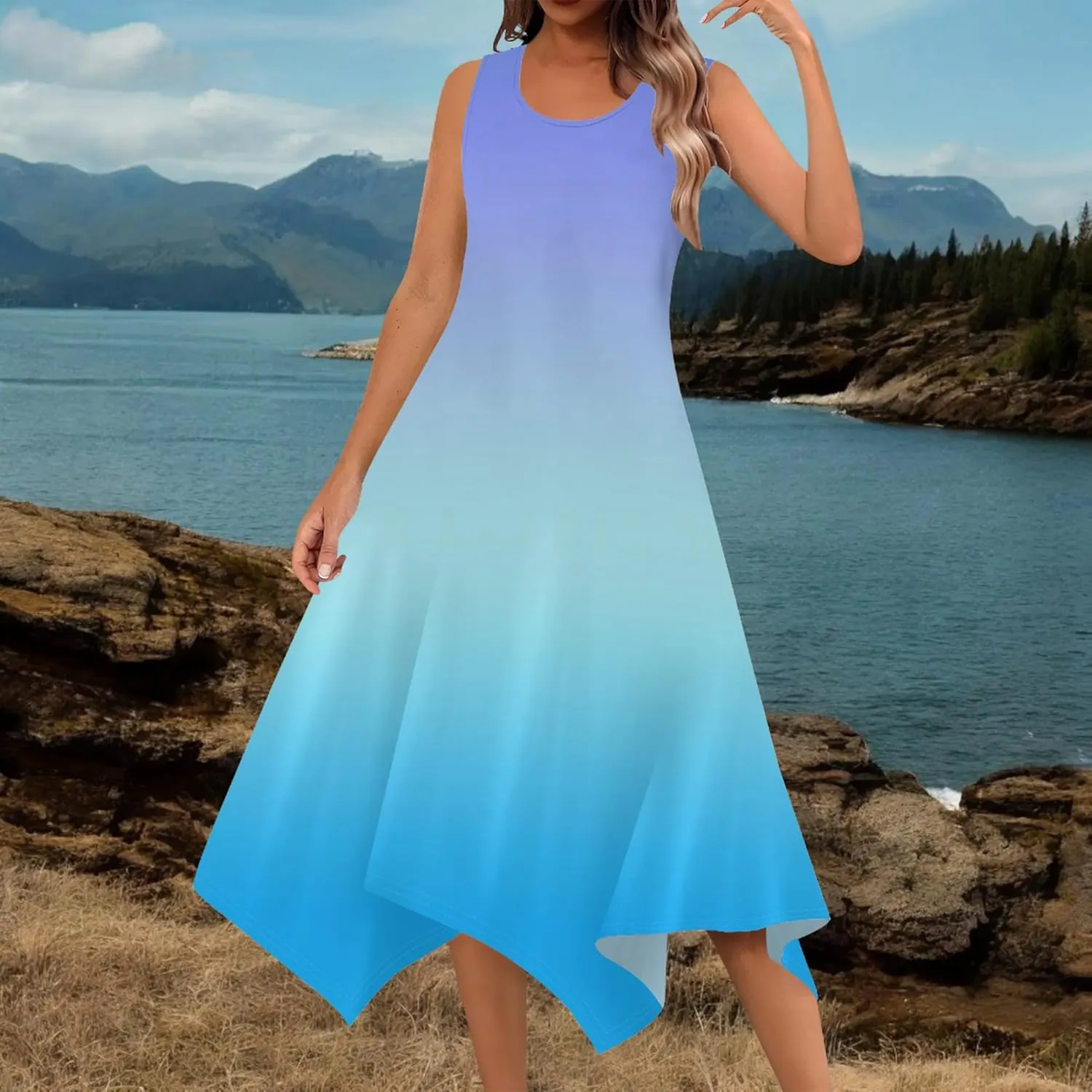 Women's Casual Summer Solid Color Midi Dress Sleeveless Swing Tank Sundress Pleated Tshirt Beach Cover Ups Dresses