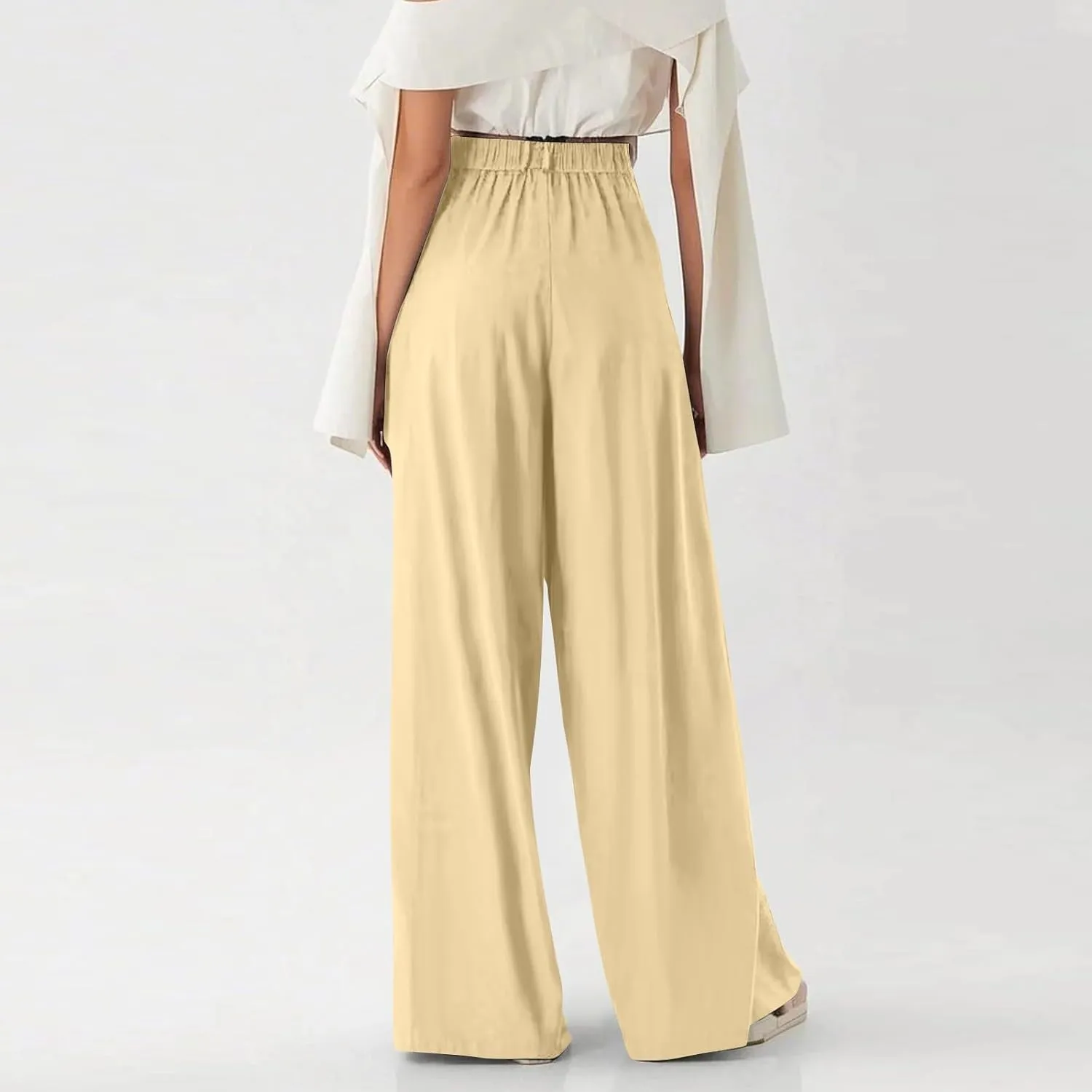 Women's Chiffon Flowy Pleated Wide Leg Pants High Waisted Dressy Trousers with Pockets