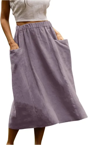 Women's Cotton Linen Midi Skirts Boho High Elastic Waist A Line Pleated Flowy Swing Long Skirts with Pockets