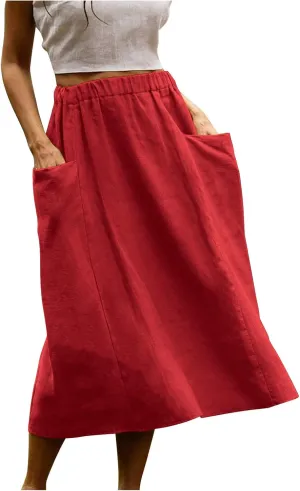 Women's Cotton Linen Midi Skirts Boho High Elastic Waist A Line Pleated Flowy Swing Long Skirts with Pockets